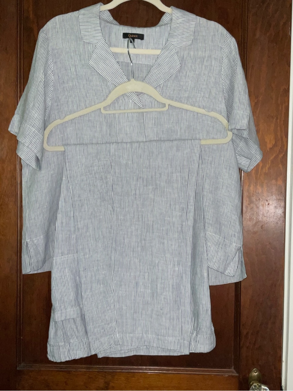 Quince Blue & White Pinstripe Camp-Collar Short Sleeve Top and matching Pant - Picture 1 of 5